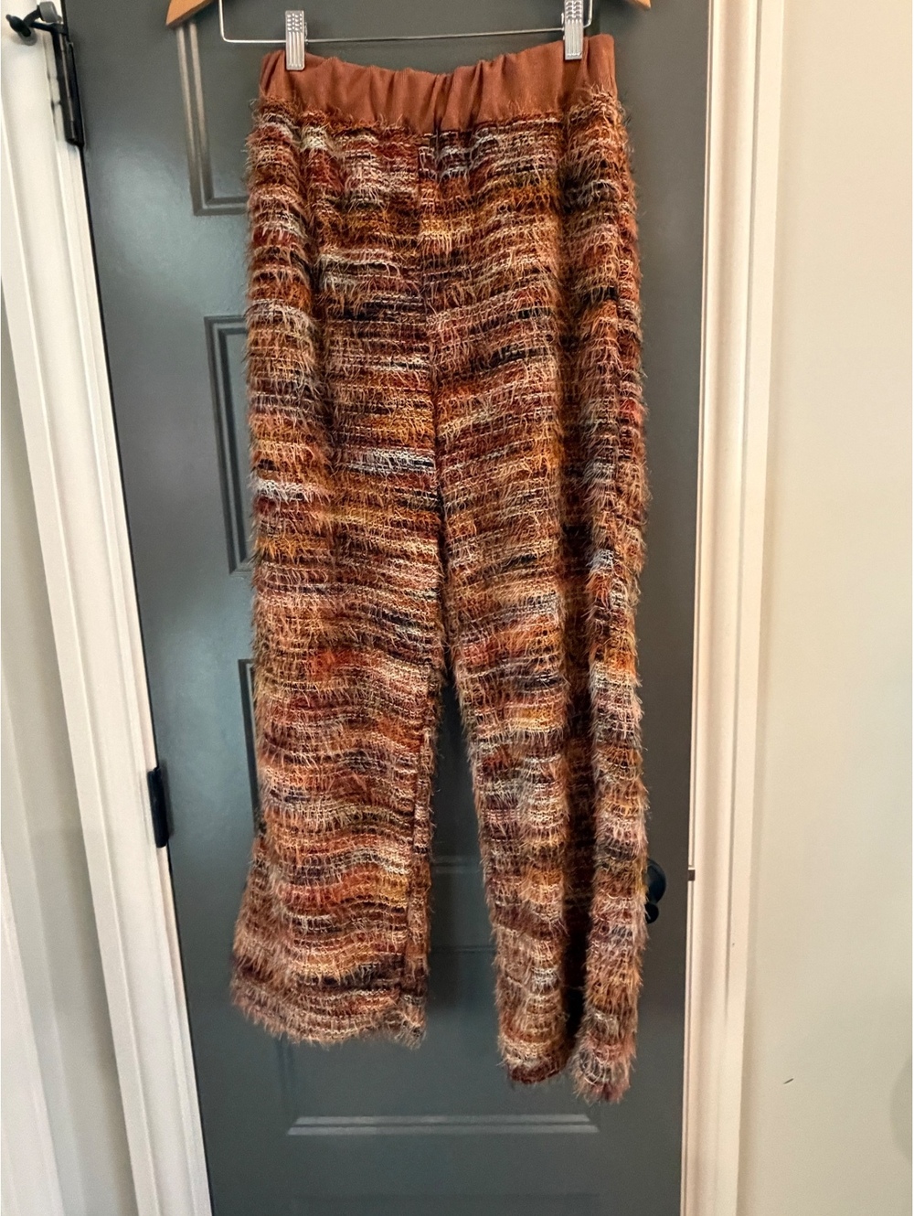 Women's vintage 70s fuzzy  Multi-Color Textured Knit Pants with Elastic Waist